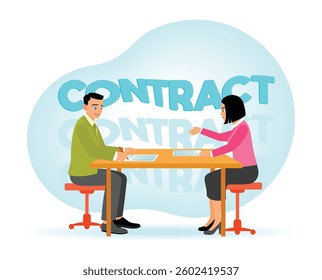  two professionals consulting and signing a document, symbolizing collaboration and agreement. Flat vector illustration 