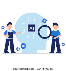Two professionals creatively examine artificial intelligence technology, uncovering its applications, insights, and innovative solutions for business and digital development.