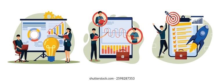 Two professionals discussing business Project graphs and growth. Business professionals collaboratively analyzing data visualized on a digital screen. Business success featuring a checklis. 