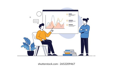 Dois profissionais discutindo um gráfico financeiro em um quadro branco durante uma reunião de negócios
