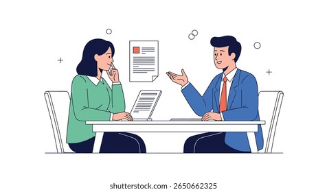 Two professionals discussing important business matters over documents at a table in a bright modern office setting with clean design elements