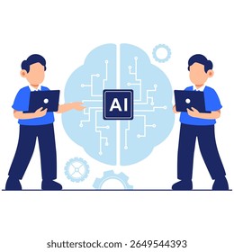 Two professionals engage in a creative discussion about artificial intelligence, using a brain illustration to represent digital thinking, technology, and innovation in the modern era.