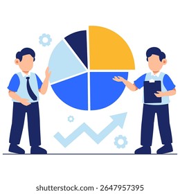 Two professionals engage in a presentation featuring a vibrant pie chart, highlighting teamwork and business insights