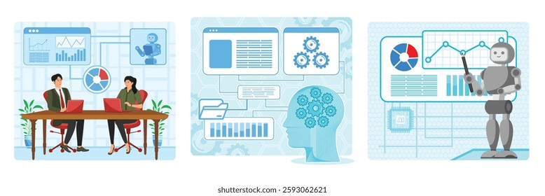 Two professionals engage with red laptops in a modern office. Gears symbolizing mind processes and interconnected elements. A robot showcases statistical data on a futuristic display.