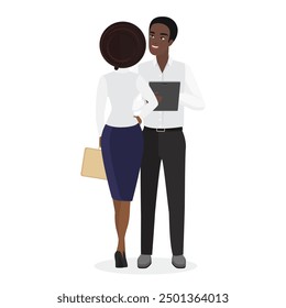 Two professionals engaged in a business conversation, sharing ideas and collaborating on work. Concept of corporate communication, teamwork, and partnership vector illustration.