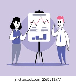 Two professionals engaged in business presentation showing graphs and data analysis. Woman pointing to chart, while man listening attentively