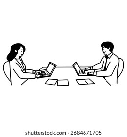 Two professionals engaged in a collaborative meeting at a modern workspace with laptops