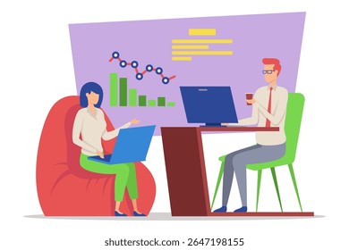 Two professionals engaged in discussion at workspace. Woman typing on laptop, and man sipping coffee. Charts and graphs indicating data analysis - Powered by Shutterstock - Get 15% off with code: PIKWIZARD15