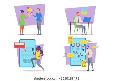 Two professionals exchanging ideas through their devices while others engaged in tasks like data analysis and written correspondence in colorful and modern workspace