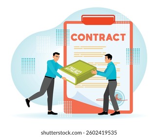 Two professionals handling an oversized contract document, sign of collaboration, teamwork, and legal processes in a business. Human resources concept. Flat vector illustration