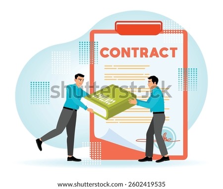 Two professionals handling an oversized contract document, sign of collaboration, teamwork, and legal processes in a business. Human resources concept. Flat vector illustration