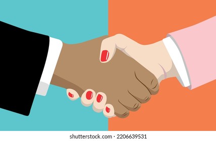 Two Professionals Handshake. Masculine Feminine, Man And Woman. Vector Illustration. Close Up Of Hands. Doing Business