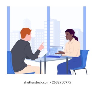 Two professionals having a discussion at a desk with a laptop in a modern office setting, cityscape visible through windows, teamwork concept. Vector illustration
