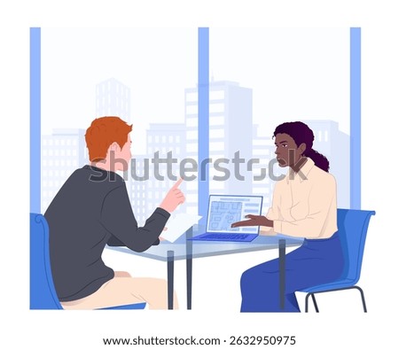 Two professionals having a discussion at a desk with a laptop in a modern office setting, cityscape visible through windows, teamwork concept. Vector illustration