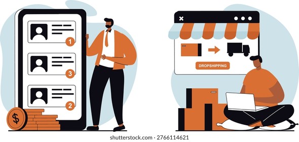 Two professionals managing online business through customer profiles and dropshipping platform for sales growth and efficiency