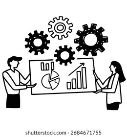Two professionals presenting a growth chart and gears, symbolizing teamwork and progress