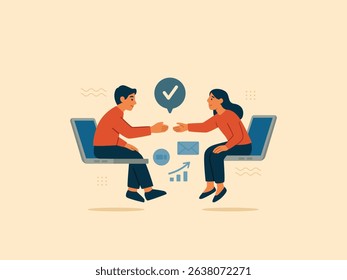 Two professionals shake hands from laptops, symbolizing successful remote collaboration and agreement. Surrounded by icons like email, video call, and growth chart.
