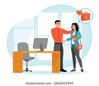 two professionals shaking hands in an office. symbolizing teamwork and collaboration.  A briefcase with a heart icon conveys enthusiasm and commitment to work. Flat vector illustration