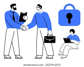 Two professionals shaking hands, one holding a briefcase, the other with a document, symbolizing a business agreement. Nearby, someone uses a laptop. A lock symbol emphasizes cybersecurity