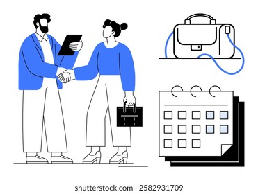 Two professionals shaking hands, one holding a clipboard, near bag and calendar icons. Ideal for partnerships, meetings, business agreements, schedules, corporate communication, planning, teamwork