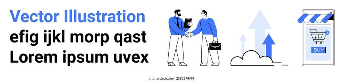 Two professionals shaking hands symbolize partnership and business growth. An online shop icon with a buy button conveys e-commerce success. Ideal for business, e-commerce, partnerships, growth