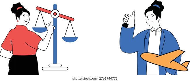 Two professionals symbolizing justice and aviation approval with positive gestures and iconic items