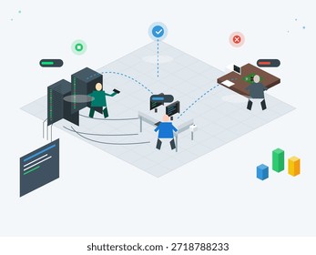 Two professionals work in a modern office. One monitors server data, while another reviews information on a computer. They ensure security and efficiency of operations.