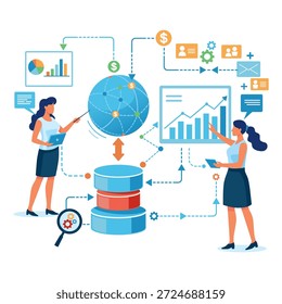 Two professionals working with data and charts on screens. People analyzing business information and sharing insights using graphs and digital tools. Data-driven decisions concept