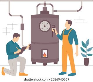 two professionals working on large water heater boiler concept, Technicians Ensuring Optimal Heating system Performance vector design, plumbing worker banner Handyman Services scene, HVAC illustration