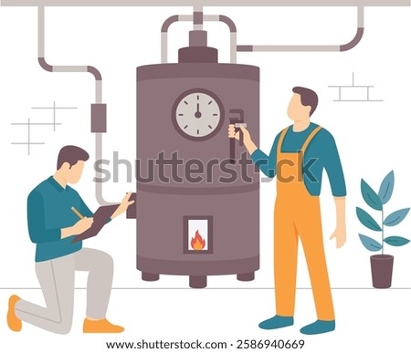 two professionals working on large water heater boiler concept, Technicians Ensuring Optimal Heating system Performance vector design, plumbing worker banner Handyman Services scene, HVAC illustration