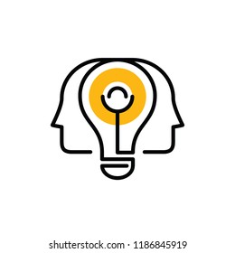 Two profile faces with light bulb. Brainstorming vector illustration.