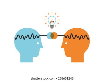 Two profile faces with light bulb. Concept of business idea and brainstorming infographics.