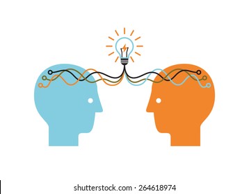 Two profile faces with light bulb. Brainstorming infographics. Vector illustration.