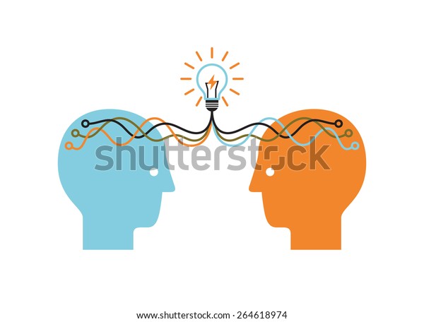 Two profile faces with light bulb.\
Brainstorming infographics. Vector\
illustration.