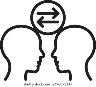 Dos cabezas de perfil enfrentadas con un símbolo de intercambio arriba.