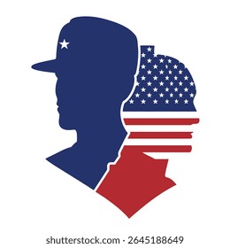 Two profile silhouettes side by side one blue with a star and one red and blue with stars and stripes on a white background vector graphic