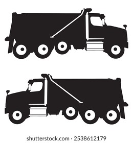 Two profile views of a dump truck in silhouette