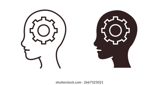 Dos vistas de perfil de una cabeza con un engranaje en el interior, que representan el intelecto y la mecánica. Uno es una línea de arte, el otro está lleno.