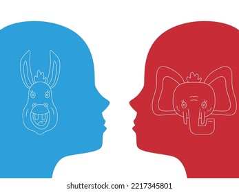 Two profiles with democrat and republican icons. Donkey Elephant Heads. Profile Democrat Republican. Two face to face men silhouettes with a political donkey and elephant on them