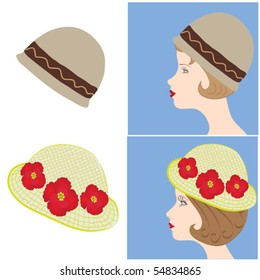 Two profiles of girls with hats