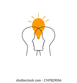 Two Profiles And Lamp Icon. Empathy, Psychology Of  Logo. Line Vector Sign