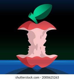 Two profiles of male faces on an apple core. Red apple with green leaf. Silhouettes of two men. Dark blue background. Flat illustration.