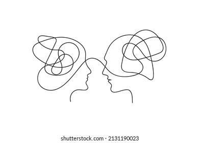 Two Profiles Male And Female Connected By Thread. Relationship Between Man And Woman. Understanding Sign. Family Therapy Icon. Family Psychologist Symbol