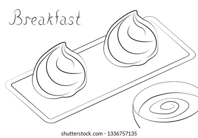 two profiteroles on a rectangular flat plate, and cup of coffee, the breakfast time, the sketch, 