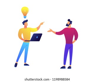 Two programmers brainstorm and having idea vector illustration. Idea brainstorming and creative team, teamwork and discussion, coworking and communication concept. Isolated on white background.