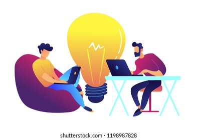 Two programmers working with laptop and big bulb vector illustration.