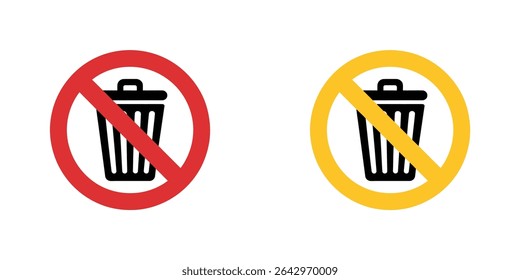 Two prohibition signs show black trash cans crossed out by red and yellow circles, respectively, denoting forbidden waste disposal in designated areas or zones.