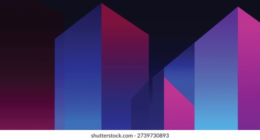 Two prominent abstract geometric shapes, resembling futuristic towers or crystals, stand tall against a dark background.
