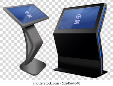 Two Promotional Interactive Information Kiosk, Advertising Display, Terminal Stand, Touch Screen Display. Mock Up Template.