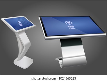 Two Promotional Interactive Information Kiosk, Advertising Display, Terminal Stand, Touch Screen Display. Mock Up Template.